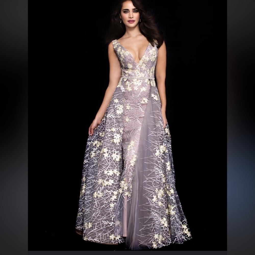 JOVANI Grey Multi Floral Embroidered V Neck Sleeveless Prom Gown 8
